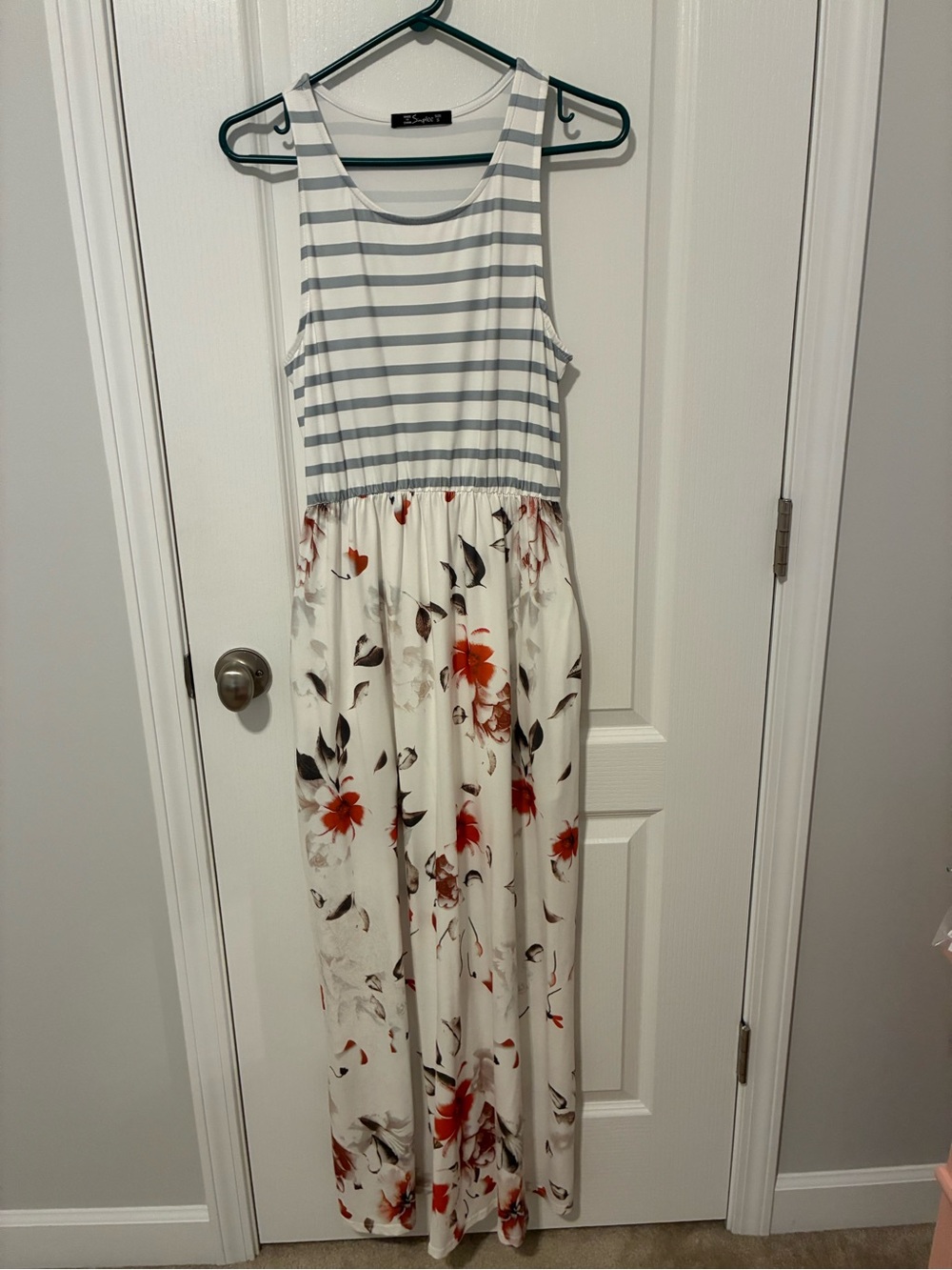Simple Striped Tank Floral Maxi Dress - White, Gray, Red